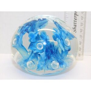 JOE RICE SIGNED GLASS PAPERWEIGHT Blue Trumpet Flowers Controlled Bubbles